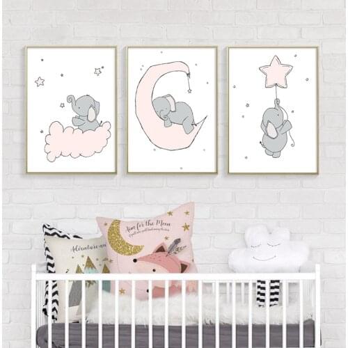 Baby Nursery Wall Art Canvas Poster Print Cartoon Pink Elephant Moon Painting Nordic Girl Picture Children Bedroom Decor
