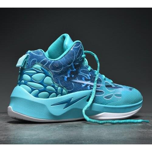 Breathable Cushioning Mens Basketball Shoes Fashion Blue Printed Cool High Sports Shoes Anti-slip Thick Sole Mens Sneakers