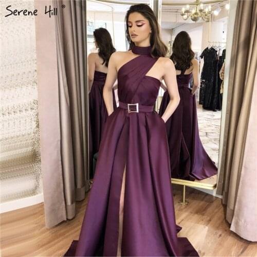 Purple One Shoulder Sexy Satin Prom Dresses 2020 High Neck Ruched Simple Prom Gowns Long Serene Hill BLA70216