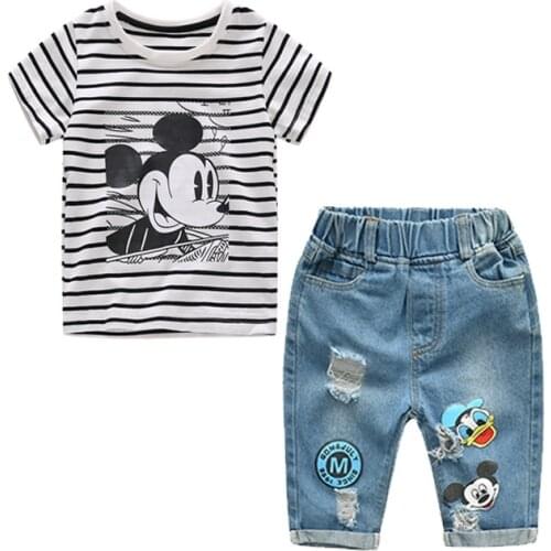 Boys Clothing Fashion Mickey T-shirt + Jeans Set Summer Short Sleeve Striped Cotton T-shirt Childrens Casual Suit Hole Pants
