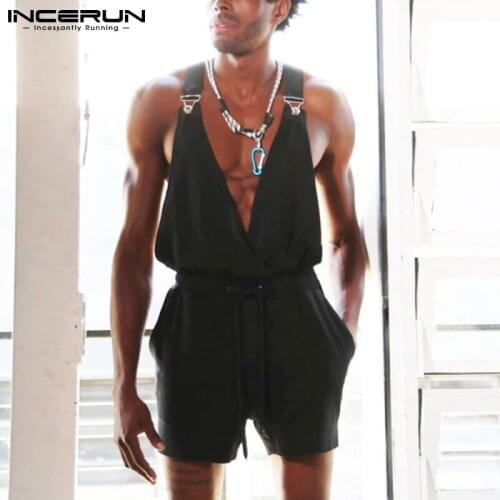 INCERUN 2021 New Jumpsuit Men Summer Wear Solid Color Casual Loose Sleeveless Deep V-neck Fashion Handsome Design Jumpsuit S-5XL