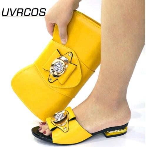 Yellow Color Matching Shoe and Bag Set Decorated with Rhinestone African Shoe and Bag Set for Party In Women Italian Ladies Shoe