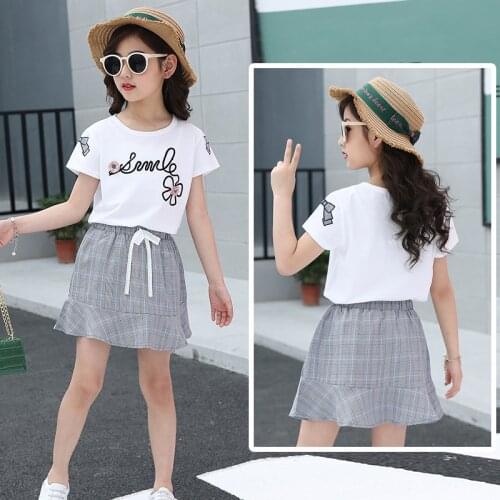 IENENS Summer Skirt Sets Girl Short Sleeves Clothes Suit Letter T-shirt + Skirt Set 4-13 Years Kids Child Clothing Outfit