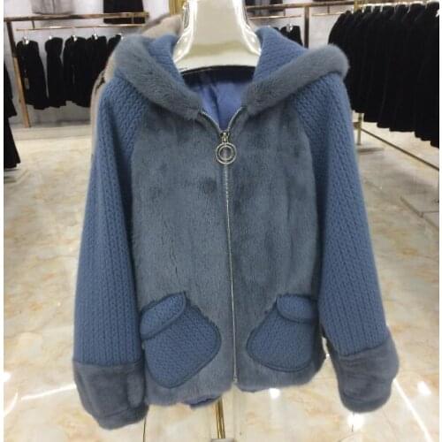 Real mink fur jacket with wool designer with zipper with wool back with fur cuffs hood suit casual short coat with pocket