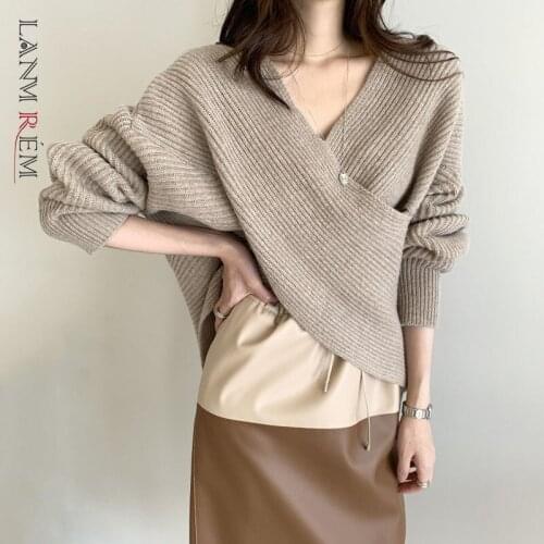 LANMREM 2021 Korean New Autumn Winter Women Top Simple Casual Cross V-neck Loose Long Sleeve Knitted Sweater Pullovers 2W321