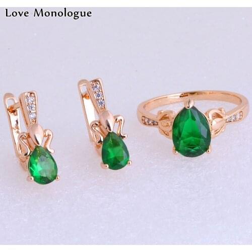 Love Monologue Classic Water Drop Green Imitation Emerald & Cubic Zirconia Gold Color Ring & Stud Earring Jewelry Sets X0167