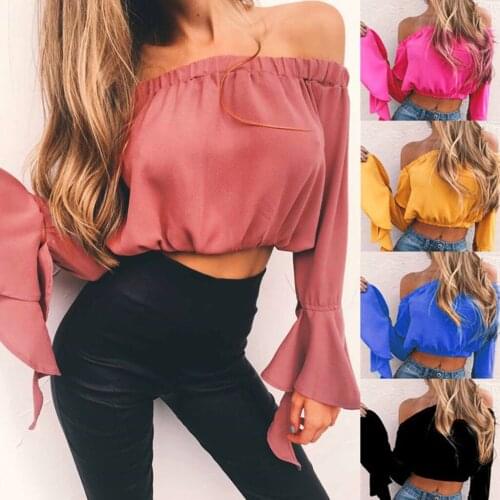 Fashion Women Blouse Flared Sleeve Ladies Shirt Casual Loose Shirt Top Pink/Blue