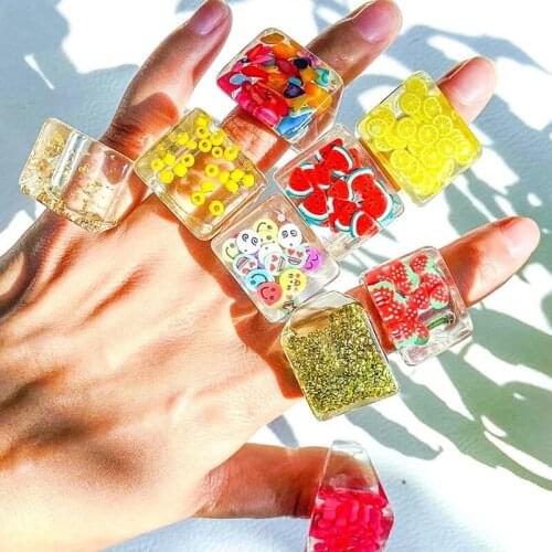 Trendy Colourful Transparent Resin Acrylic Ring For Women Korean Creative Geometric Square Round Crystal Rings Party Jewelry