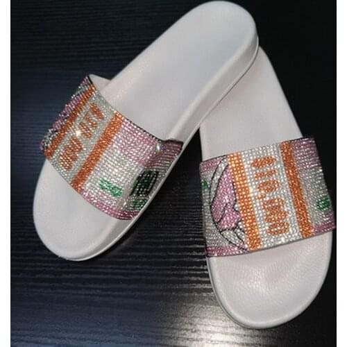 Fashion Women Slippers Summer Beach Flip Flops USD Money Diamond Crystal Sandals Ladies Luxury Outdoor Sparking Slides Flat Shoe