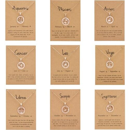 Mens Womens 12 Horoscope Zodiac Sign Rose Gold Pendant Necklace Round Aries Leo 12 Constellations Cardboard Chokers Jewelry