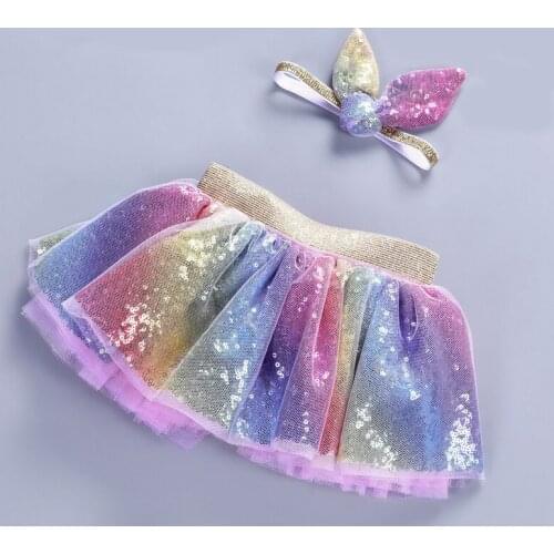 New Rainbow Sequins Girls Tutu Set Cute Fluffy Tulle Skirts Baby Children Halloween Birthday Party Unicorn Costume 1-8T