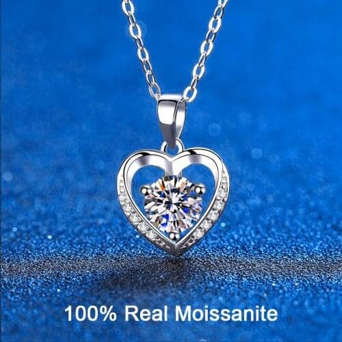 Real Sterling Silver Moissanite Necklace 1 Carat Round Diamond Love Heart Pendant Necklace For Women Promise Gift Fine Jewelry