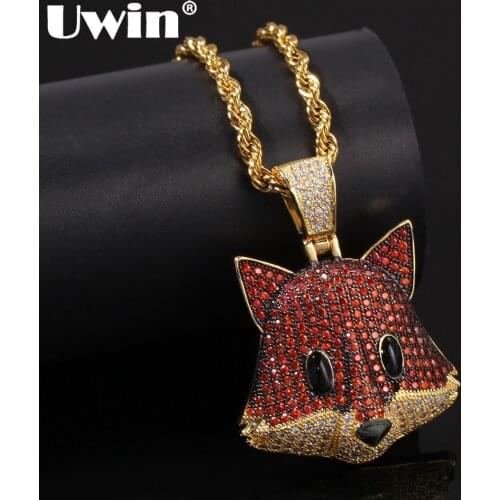 UWIN Cute Fox Necklace Pendants Full Red Colored CZ Stones Fashion Animal Bling Bling Hiphop Jewelry For Men Women