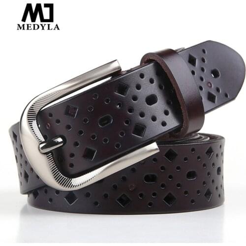 MEDYLA Women Belt Genuine Leather Alloy Pin Buckle Hollow Female Belt High-quality Brand Casual Fashion Youth Belt Trendy Strap