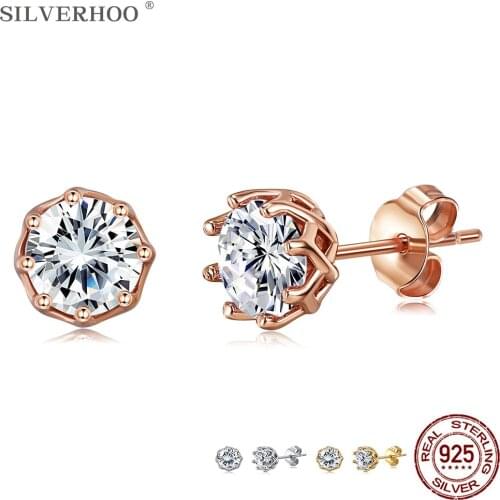 SILVRHOO Earrings For Women Authentic 925 Sterling Silver Shiny Clear 5A Cubic Zirconia Small Stud Earring Silver 925 Jewelry