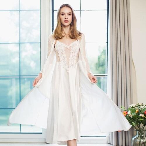 Sexy Robe & Gowns Satin Mesh Guaze Bridesmaid Robes Nightdress Slim V-neck Nightgowns Long Dress Sleepwear Bathrobe Set Pink