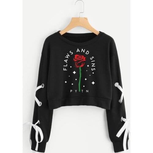 Payton Moormeier Sweatshirt Long Sleeve Openwork Bow-Knot Capless Sweatshirt Women Rose Flower Sweatshirt Sexy Crop Top Hoody