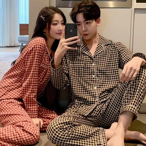 Japanese couple pajamas suit cotton crepe ladies grid print simple long-sleeved shirt long pant pajamas mens home service