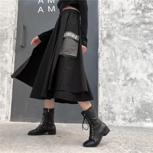 2020 Spring Summer Skirt vintage High Elastic Waist Black Irregular Hem Vent Loose Half-body Skirt street Women Fashion Tide