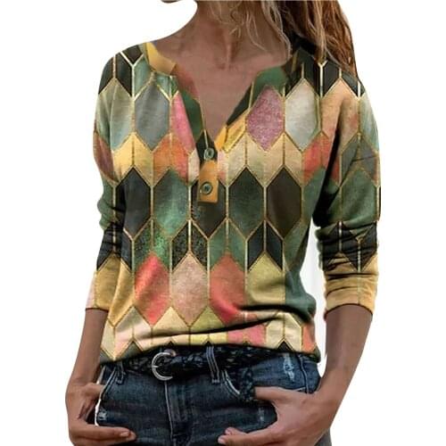 Womens Winter Button Long Sleeve Tshirt V-neck Fashionable Printed Casual Women Shirt Top Camiseta Mujer Verano #G3