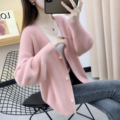 Baoqing'er 2020 autumn new product loose Korean V-neck Cardigan Jacket Womens casual bubble sleeve top fashion