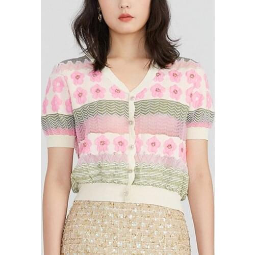 See Through Cardigan Crop Top Floral Beaded Pink Cardigan 2021 Women Summer Cardigan Thin Short Sleeve Organza Sweater Shirt