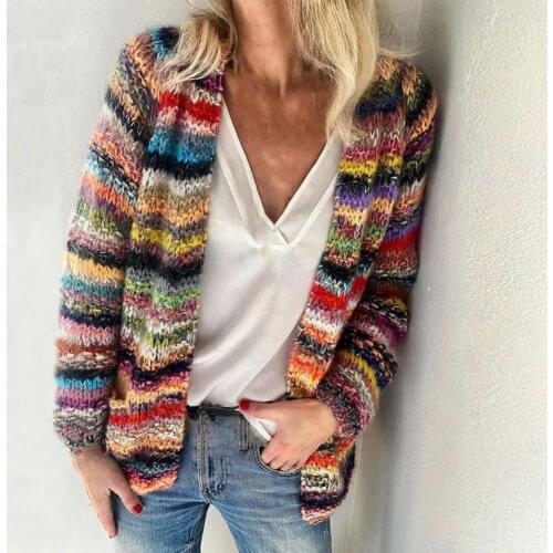 Women Sweater Cotton Acrylic Fiber Rainbow Stripes Temperament Autumn Winter Long Sleeve Knitted Cardigan Coat Lady Sweater