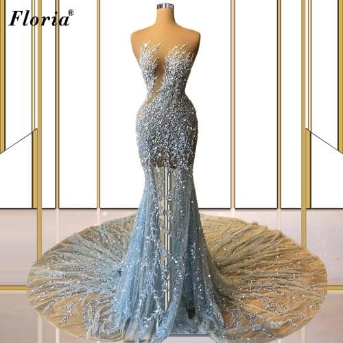 Sky Blue Sequins Prom Dresses With A Long Train Sleeveless Sexy Evening Dresses For Women Special Occasion Gowns Robe Longue