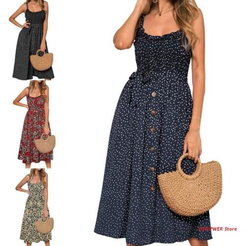 Women Summer Sleeveless Button Boho Floral Shirred Swing A-Line Midi Long Dress