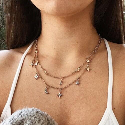 Boho Star Moon Multi Layer Pendant Necklace for Women 2018 Bohemian Flower Necklaces Vintage Fashion Collar Costume Jewelry