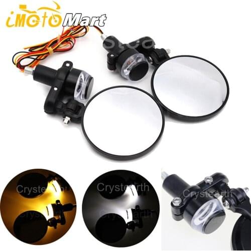 3" Round Bar End Mirrors Universal Motorcycle 7/8" 22mm Handlebar Rear View Side Mirrors w/ LED Turn Signal White Yellow
