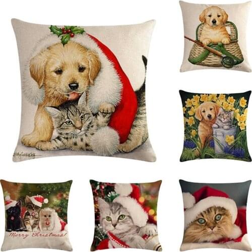 45X45cm Cartoon Cat Dog Christmas Party Linen Cushion Cover Pillow Case Home Decorative Pillows Cover For Sofa Car Cojines ZY476