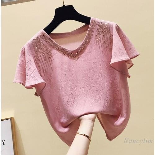 Diamond V-neck Chiffon Blouses for Women 2021 Summer New Ruffles Sleeve Fashion Temperament Hot Drill Blusas Female Tops