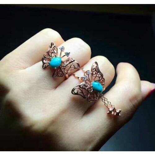 Natural green turquoise gem jewelry sets natural gemstone Pendant ring 925 silver Elegant Hollow butterflies women gift jewelry