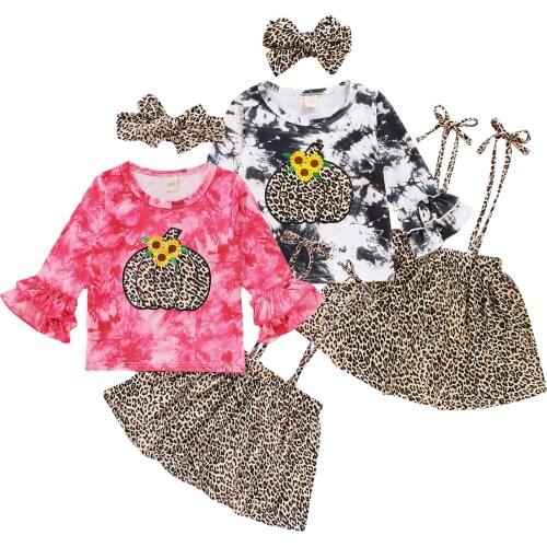 Children Halloween Clothes 3Pcs Outfit Set, Tie-dye Embroidery Pumpkin Tops + Leopard Print Suspender Skirt + Headband 1-6Years