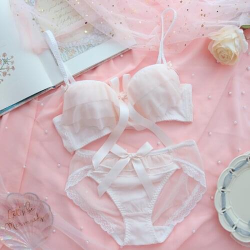 Gathering bra set without steel ring fairy cute underwear single-breasted buckle non-removable shoulder strap lingerie set