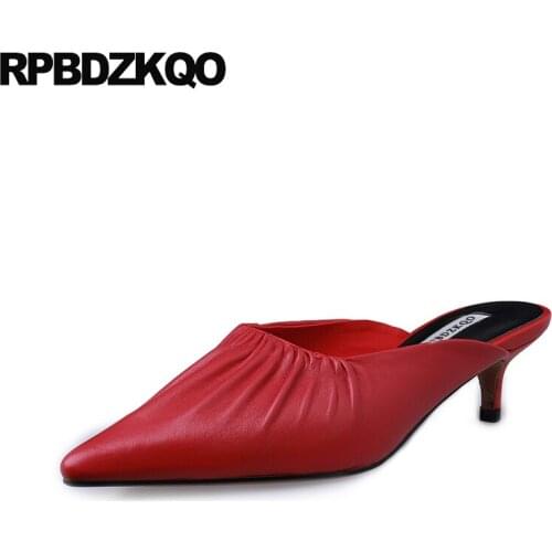 Red stiletto pumps yellow kitten sandals genuine leather medium heels handmade shoes pointed toe size 4 34 women Winkle Picker