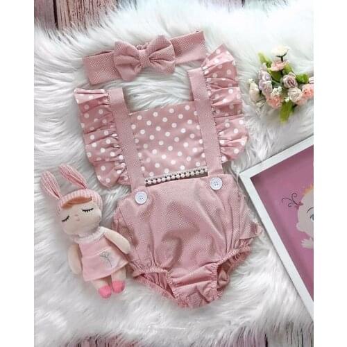 0-24Months Summer Baby Girls Clothes Set Pink Square Collar Polka Dot Sleeveless Rompers Jumpsuits and Headband