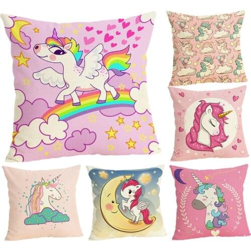 Cartoon Home Decorative Rainbow Unicorn Pillow Case 45x45 cm Seat Pillowcase Cotton Linens Modern Car Sofa Pink Cushion Cover