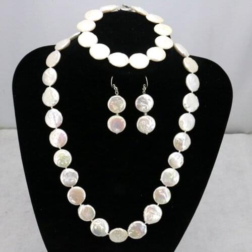 Coin shape white pearl necklace sets 11-12mm heart clasp necklace 18"bracelet 7.5"earring women fashion jewelry making wholesale