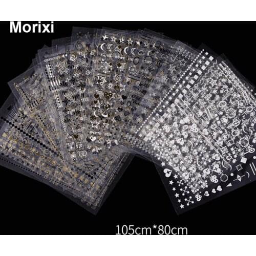 Morixi nail art sticker ultra thin transparent foils big size self glue heart star moon letters geometrc iamge nail decals DM003