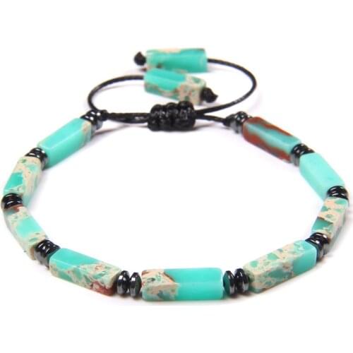 Natural Squares Stone Braided Bracelets For Women Men Bloodstone Lapis Lazuli Cuboid Beads Hematite Spacer Woven Bracelet Unique