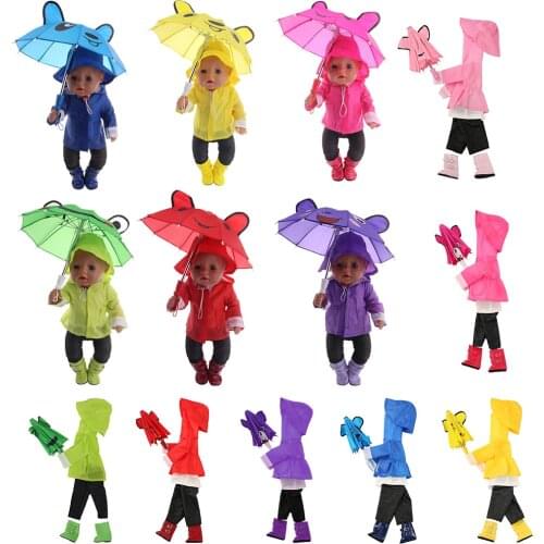 Raincoat suit 6 Pcs/Set=Jacket+Umbrella+Boots+Hat+Pants+Shirt Fit 18 Inch American Doll&43 CM Baby Doll Clothes,Our Generation