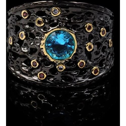 Silver inlaid blue crystal retro cold wind closed ring earrings necklace three-piece high-end elegant ladies party accessories