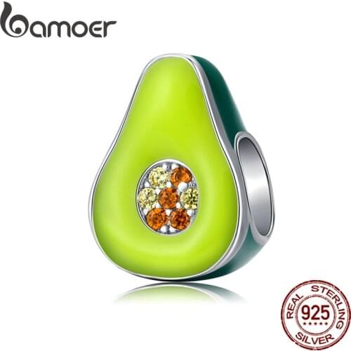 Bamoer 925 Sterling Silver Jewelry Green Enamel Avocado Fruit Charm for Original Silver Bracelet 3mm Women Jewelry Making BSC129