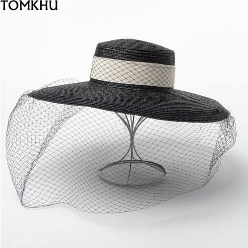 Fashion Custom Vintage Flat Top Black Straw Hats For Women Summer Lace Decoration Stage Catwalk Beach Hat Sun Visor High Quality