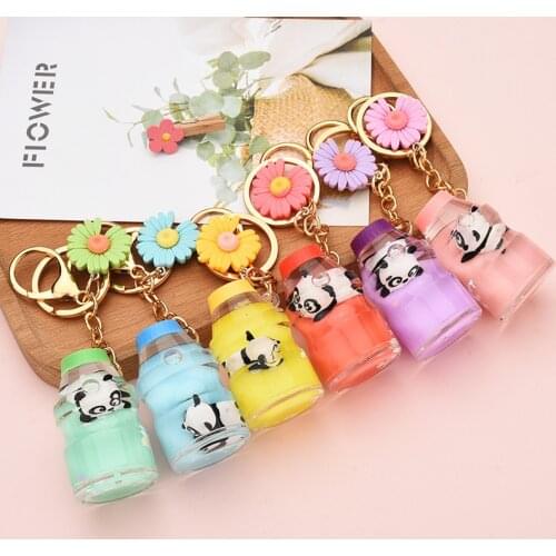 Creative Acrylic Floating Milk Bottle Keychain Cartoon Doll Panda Ornament Keyring for Women Men Car Bag Key Chains Gifts
