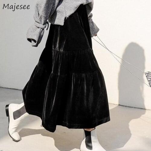 Skirts Women Casual Sweet Preppy Solid A-line Midi High Waist Thicken Vintage Dance Soft Korean Style Fashion Streetwear Girls