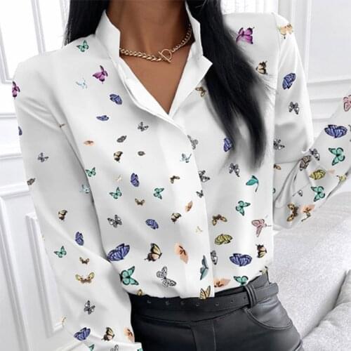 Autumn Elegant Floral Print Office Lady Blouse Fashion Turn-down Collar Button Top Spring Women Casual Long Sleeve Loose Shirts