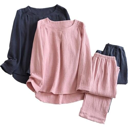 Simple Style Women Round Collar Full Sleeve Solid Color Pajamas Set Comfort Gauze Cotton Household Sleepwear For Spring Autumn